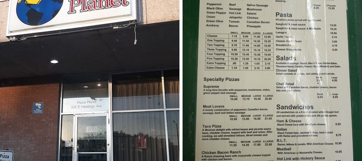 Pizza Planet Menu
